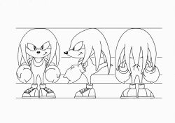 Rule 34 | 1boy, character profile, character sheet, clenched hands, gloves, knuckles the echidna, monochrome, multiple views, official art, sega, sharp teeth, simple background, smile, sonic (series), standing, teeth, turnaround