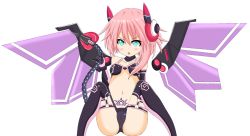 Rule 34 | 1girl, blush, crawford, female focus, gloves, long hair, looking at viewer, nepnep connect: chaos chanpuru, neptune (series), pink hair, power symbol, pubic tattoo, ram (neptunia), simple background, sitting, solo, spread legs, symbol-shaped pupils, tattoo, white sister ram (chaos form), wings