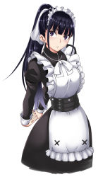 Rule 34 | 1girl, apron, arms behind back, artist request, black eyes, black hair, blunt bangs, dress, highres, interlocked fingers, long hair, long sleeves, looking at viewer, maid, maid headdress, narberal gamma, overlord (maruyama), ponytail, puffy long sleeves, puffy sleeves, sash, solo, stretching, tarakan, white background