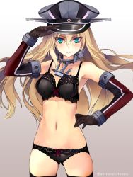 Rule 34 | 1girl, alternate costume, arm up, bare shoulders, bismarck (kancolle), black gloves, blonde hair, blue eyes, blush, breasts, closed mouth, commentary request, detached sleeves, gloves, hair between eyes, hand on own hip, hat, kantai collection, long hair, looking at viewer, medium breasts, navel, peaked cap, sailor hat, shirokitsune, smile, solo, underwear