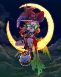 Rule 34 | 1girl, absurdres, alternate costume, boots, breasts, cleavage, crescent moon, dress, earrings, feather earrings, feathers, floating, flying, frilled dress, frills, halloween, halloween costume, hat, highres, hololive, hololive english, jewelry, kotori (takanashi kiara), large breasts, long hair, looking at viewer, moon, myo-zin, night, one eye closed, open mouth, orange hair, purple eyes, sitting, skull, sky, smile, solo, takanashi kiara, thigh strap, trick-or-treating, virtual youtuber, witch, witch hat