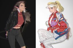 Rule 34 | 2girls, adapted costume, adora (she-ra), alternate costume, animal ears, blonde hair, blue eyes, brown hair, cat ears, cat girl, cat tail, catra, hands in pockets, heterochromia, highres, jacket, jewelry, kotneciii, multiple girls, necklace, ponytail, she-ra and the princesses of power, simple background, tail, visor cap