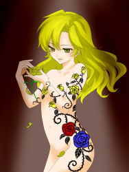Rule 34 | 1girl, artist request, blonde hair, blue flower, blue rose, censored, colorized, convenient censoring, flat chest, flower, highres, ib (kouri), kirikaizax, long hair, mary (ib), nude, petals, red flower, red rose, rose, solo, tattoo, yellow eyes, yellow flower, yellow rose