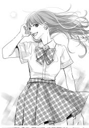 Rule 34 | 1girl, :d, arm at side, bow, bowtie, bright pupils, buttons, clothes lift, collared shirt, commentary, corrupted twitter file, ear piercing, earrings, feet out of frame, floating hair, greyscale, hair behind ear, halftone, hand on own head, hand up, highres, hoop earrings, jewelry, long hair, looking at viewer, monochrome, open mouth, original, pentagon (shape), piercing, plaid, plaid bow, plaid bowtie, plaid skirt, pleated skirt, saitou shiori (pixiv14549321), school uniform, shirt, short sleeves, sideways glance, skirt, skirt lift, smile, solo, summer uniform, teeth, turning head, unmoving pattern, upper teeth only, wavy hair, wind