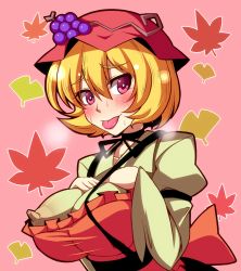 Rule 34 | 1girl, :p, aki minoriko, apron, blonde hair, blush, breasts, covered erect nipples, female focus, food, fruit, grapes, hat, huge breasts, impossible clothes, large breasts, nipples, red eyes, rinmei, solo, suspenders, tongue, tongue out, touhou