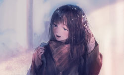 Rule 34 | 1girl, black eyes, black hair, brown scarf, coat, long hair, looking to the side, open mouth, original, ryokucha (i cobalt), scarf, shade, sleeves past wrists, smile, solo, sweater, teeth, upper body