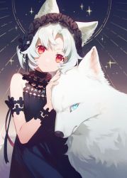 Rule 34 | 1girl, animal, animal ear fluff, animal ears, asahikawa hiyori, bare shoulders, black dress, blue eyes, closed mouth, commentary request, dress, grey hair, hand on another&#039;s head, hand up, highres, looking at viewer, original, parted bangs, red eyes, sleeveless, sleeveless dress, solo, wolf