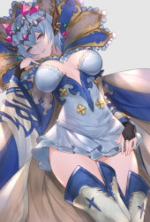 Rule 34 | 1girl, blue hair, boots, bridal gauntlets, cape, detached sleeves, dress, fingerless gloves, gloves, granblue fantasy, long sleeves, macula marius, purple eyes, short hair, solo, strapless, strapless dress, thigh boots, thighhighs, thighs, wide sleeves, wuming