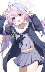 Rule 34 | 1girl, absurdres, ahoge, black jacket, black neckerchief, blue archive, blue hair, blue halo, blush, commentary request, cropped shirt, double v, grey shirt, grey skirt, hair ornament, halo, hands up, highres, jacket, light blue hair, long hair, looking at viewer, low twintails, midriff, miniskirt, multicolored hair, navel, neckerchief, nez (nez 0 0), open clothes, open jacket, open mouth, pink hair, pleated skirt, purple eyes, reisa (blue archive), sailor collar, shirt, simple background, skirt, smile, solo, star (symbol), star hair ornament, twintails, two-tone hair, v, v-shaped eyebrows, white background, white sailor collar