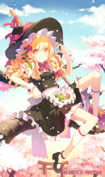 Rule 34 | 1girl, blonde hair, blue sky, bow, braid, broom, cherry blossoms, cloud, day, female focus, flower, h2so4, hair bow, hair flower, hair ornament, hat, kirisame marisa, kneehighs, mary janes, shoes, sitting, skirt, sky, smile, socks, solo, torii, touhou, tree, vest, white socks, witch, witch hat, wrist cuffs, yellow eyes