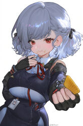 1girl black_ribbon eungsam fingerless_gloves food girls&#039;_frontline girls&#039;_frontline_2:_exilium giving_food gloves glutton grey_hair hair_ribbon highres holding holding_food id_card looking_at_viewer medium_hair red_eyes ribbon sabrina_(girls&#039;_frontline_2) shirt solo spas-12_(girls&#039;_frontline) white_background white_shirt