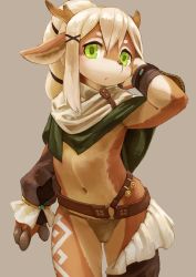 Rule 34 | 1boy, antlers, bulge, deer, extra breasts, furry, furry male, green eyes, grey background, hair ornament, highres, horns, kemoisumi, male focus, midriff, navel, nipples, original, simple background, solo, trap, white hair, x hair ornament