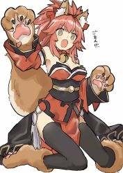 Rule 34 | &gt;:o, 1girl, :o, @ @, absurdres, animal ears, animal hands, armpit peek, bad id, bad pixiv id, bare shoulders, bell, black thighhighs, blush stickers, breasts, claws, collar, detached sleeves, fangs, fate/grand order, fate (series), fox ears, fox tail, full body, highres, japanese clothes, kneeling, long hair, long sleeves, medium breasts, neck bell, obi, open mouth, paw shoes, pink hair, ponytail, sash, simple background, solo, tail, tamamo (fate), tamamo cat (fate), tamamo cat (first ascension) (fate), tamamo no mae (fate/extra), teshima nari, thighhighs, v-shaped eyebrows, white background, yellow eyes