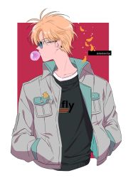Rule 34 | 1boy, banana, banana fish, black shirt, blonde hair, blowing bubbles, chewing gum, food, fruit, hands in pockets, jacket, kmjung1031, long sleeves, looking to the side, male focus, okumura eiji, shirt, short hair, simple background, solo, white jacket