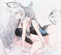 Rule 34 | 1boy, 2girls, absurdres, animal ear fluff, animal ears, doodle sensei (blue archive), bare shoulders, blue archive, blue eyes, blue one-piece swimsuit, blush, breasts, cleavage, collarbone, commentary, covered navel, cross hair ornament, extra ears, grey hair, hair ornament, halo, highleg, highleg swimsuit, highres, large breasts, leaning forward, long hair, looking at viewer, medium breasts, medium hair, multicolored clothes, multicolored swimsuit, multiple girls, official alternate costume, one-piece swimsuit, open mouth, sensei (blue archive), shiroko (blue archive), shiroko (swimsuit) (blue archive), shiroko terror (blue archive), short ponytail, sidelocks, silver (chenwen), sitting, swimsuit, thighs, wariza, wolf ears