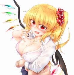Rule 34 | 1girl, alternate breast size, blonde hair, blush, bra, breasts, cleavage, commentary request, fang, flandre scarlet, hair ribbon, highres, jewelry, large breasts, long hair, looking at viewer, marukyuu ameya, nail polish, necklace, open mouth, pink bra, pointy ears, polka dot, polka dot ribbon, red eyes, red nails, red ribbon, ribbon, shirt, side ponytail, simple background, smile, solo, touhou, underwear, white background, white shirt, wings