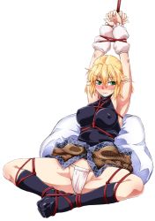 Rule 34 | 1girl, arm warmers, armpits, arms up, bdsm, blonde hair, blush, bondage, bound, bound arms, bound legs, breasts, clenched teeth, covered erect nipples, feet, feet together, female focus, full body, fundoshi, green eyes, highres, japanese clothes, knees apart feet together, large breasts, mizuhashi parsee, no pants, no shoes, ootsuki wataru, pillow, pointy ears, rope, shibari, shibari over clothes, short hair, simple background, sitting, socks, solo, spread legs, sweatdrop, teeth, touhou