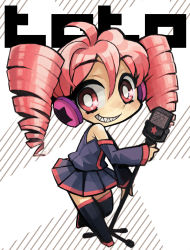 Rule 34 | 1girl, ahoge, bad id, bad pixiv id, chibi, detached sleeves, drill hair, grin, headphones, highres, kasane teto, microphone, microphone stand, mitsuki32k, red eyes, red hair, skirt, smile, solo, thighhighs, twin drills, twintails, utau, vocaloid