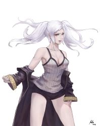 Rule 34 | aztodio, bare shoulders, breasts, cleavage, fire emblem, fire emblem awakening, grima (fire emblem), highres, looking at viewer, medium breasts, nintendo, red eyes, robin (female) (fire emblem), robin (fire emblem), smile, tank top, twintails, undressing