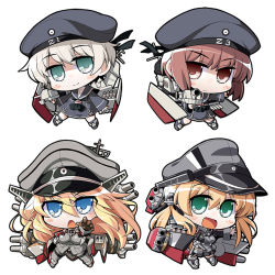 Rule 34 | 10s, 4girls, akaneya, anchor hair ornament, armor, bare shoulders, beret, bismarck (kancolle), black legwear, blonde hair, blue eyes, bottomless, breastplate, breasts, brown eyes, brown hair, cannon, chibi, clothes writing, detached sleeves, dress, gloves, grey legwear, hair ornament, hat, kantai collection, long hair, long sleeves, medium breasts, microskirt, military, military hat, military uniform, multiple girls, open mouth, peaked cap, prinz eugen (kancolle), sailor collar, sailor collared, sailor dress, sailor hat, short hair, silver hair, skirt, smile, thighhighs, torpedo, turret, twintails, uniform, white gloves, z1 leberecht maass (kancolle), z3 max schultz (kancolle)