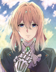 Rule 34 | 1girl, absurdres, ascot, blonde hair, blue eyes, blue jacket, brooch, closed mouth, hair between eyes, hair intakes, highres, jacket, jewelry, kukie-nyan, looking at viewer, mechanical hands, smile, solo, upper body, violet evergarden, violet evergarden (series), white ascot