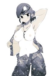 Rule 34 | 1girl, :o, arm behind head, arm up, armpits, bad id, bad pixiv id, bare shoulders, belt, beret, between breasts, blush, breasts, breasts apart, breasts out, camouflage, camouflage pants, cargo pants, collarbone, contrapposto, cowboy shot, dog tags, female focus, groin, hand in own hair, hat, hip focus, jewelry, large breasts, looking at viewer, military, military uniform, monamin, monochrome, navel, necklace, nipples, no bra, no panties, one-piece tan, open clothes, open fly, open mouth, open shirt, pants, paratrooper, shirt, short hair, simple background, solo, standing, tan, tanline, undressing, uniform, unzipped