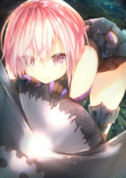 Rule 34 | 1girl, armor, bare shoulders, black dress, black thighhighs, blush, breasts, commentary request, dress, elbow gloves, eyebrows, fate/grand order, fate (series), gloves, hair over one eye, leaning forward, looking at viewer, mash kyrielight, pink eyes, pink hair, shield, short hair, smile, solo, sune (mugendai), suneo, thighhighs