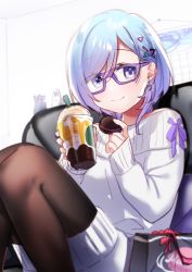 Rule 34 | 1girl, blue eyes, blue hair, blush, brown pantyhose, closed mouth, cup, dated, disposable cup, dress, drinking straw, earrings, food, glasses, hair between eyes, hair ornament, heart, heart earrings, highres, holding, holding cup, holding food, jewelry, kitasaya ai, knees up, long sleeves, looking at viewer, macaron, off-shoulder sweater, off shoulder, original, pantyhose, purple-framed eyewear, signature, sitting, sleeves past wrists, smile, solo, sweater, sweater dress, swept bangs, virtual youtuber, white sweater