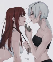 Rule 34 | 04idontexist, 2girls, bandeau, black eyes, black necktie, bra, breasts, chainsaw man, cigarette, closed mouth, commentary, commission, english commentary, expressionless, eyelashes, eyepatch, face-to-face, fire, from side, grey background, hair down, implied yuri, light smile, lighter, lips, long hair, makima (chainsaw man), medium breasts, medium hair, midriff, mouth hold, multiple girls, navel, necktie, necktie grab, neckwear grab, no shirt, ponytail, profile, quanxi (chainsaw man), red eyes, red hair, ringed eyes, shared lighter, silver hair, simple background, smoking, straight hair, strapless, tube top, underwear, upper body, white bra
