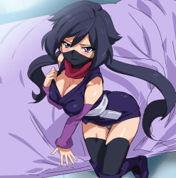 Rule 34 | 10s, 1girl, ayame (gundam build divers), bad id, bad pixiv id, bare shoulders, bed, black hair, black panties, black thighhighs, blush, boots, breasts, cleavage, covered erect nipples, covered mouth, elbow gloves, gloves, gundam, gundam build divers, half mask, japanese clothes, knee boots, large breasts, looking at viewer, low ponytail, mask, mouth mask, ninja, ninja mask, no bra, ontaros, open mouth, panties, purple eyes, red scarf, scarf, sitting, sleeveless, solo, split ponytail, thigh gap, thighhighs, thighhighs under boots, thighs, underwear
