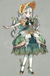 Rule 34 | 1girl, arm warmers, blush, bonnet, braid, creatures (company), dress, florges, florges (white flower), full body, game freak, gen 6 pokemon, green dress, green footwear, grey background, high heels, long hair, looking at viewer, moe (hamhamham), nintendo, outstretched arm, personification, pokemon, ponytail, shoes, solo, standing, white hair, white legwear