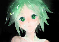 Rule 34 | 1other, absurdres, androgynous, black background, colored eyelashes, green eyes, green hair, green theme, highres, houseki no kuni, light particles, looking at viewer, oo0mog0oo, other focus, parted lips, phosphophyllite, portrait, short hair, simple background, solo, translucent hair