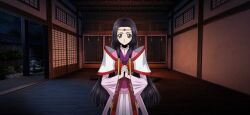 Rule 34 | 1girl, architecture, artist request, black hair, bow, closed mouth, code geass, code geass: lost stories, cowboy shot, east asian architecture, female focus, flat chest, game cg, gem, green eyes, hair intakes, hair tubes, highres, indoors, interlocked fingers, japanese clothes, jewelry, kimono, long hair, long sleeves, looking at viewer, night, non-web source, obi, official art, own hands clasped, own hands together, pink kimono, red bow, red gemstone, sash, shishi odoshi, shouji, sidelocks, sliding doors, solo, standing, star (sky), straight-on, sumeragi kaguya, v-shaped eyebrows, very long hair, wide sleeves, wooden floor