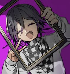 Rule 34 | 1boy, :d, black hair, black scarf, checkered clothes, checkered scarf, closed eyes, commentary request, danganronpa (series), danganronpa v3: killing harmony, facing viewer, grey jacket, grey scarf, hair between eyes, holding, huyuharu0214, jacket, long sleeves, male focus, open mouth, oma kokichi, pink background, scarf, short hair, signature, simple background, sketch, smile, solo, upper body, v