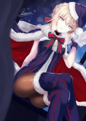 Rule 34 | 1girl, arm behind back, artoria pendragon (all), artoria pendragon (fate), black choker, blonde hair, bow, bowtie, breasts, breath, brown thighhighs, cape, choker, cleavage, crossed legs, dress, fate/grand order, fate (series), fur-trimmed cape, fur-trimmed dress, fur trim, gloves, hair between eyes, hand up, hat, holding, holding sack, kesoshirou, looking at viewer, medium breasts, pantyhose, parted lips, purple dress, purple gloves, purple hat, purple thighhighs, saber alter, sack, santa alter, santa hat, serious, short hair, signature, sitting, sleeveless, sleeveless dress, solo, striped bow, striped bowtie, striped clothes, striped neckwear, thighhighs, tsurime, v-shaped eyebrows, yellow eyes