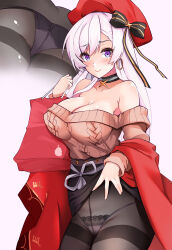 Rule 34 | 1girl, aran sweater, ass, azur lane, bare shoulders, belfast (azur lane), belfast (shopping with the head maid) (azur lane), beret, black bow, black skirt, blush, bow, breasts, brown sweater, cable knit, choker, cleavage, closed mouth, clothes lift, collarbone, crotch seam, earrings, hair bow, hat, highres, hoop earrings, jewelry, large breasts, lifting own clothes, long hair, long sleeves, looking at viewer, multiple views, off-shoulder sweater, off shoulder, panties, panties under pantyhose, pantyhose, pencil skirt, purple eyes, red headwear, revision, sezok, shawl, skirt, skirt lift, smile, sweater, swept bangs, thighband pantyhose, thighs, underwear, white background, white hair, white panties