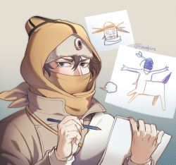 Rule 34 | 1boy, blue eyes, brown hair, coat, drawing, foxvulpine, golden kamuy, hair between eyes, holding, hood, hood up, looking at viewer, male focus, paper, pencil, simple background, solo, upper body, vasily (golden kamuy), winter clothes, winter coat