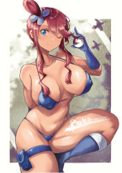 Rule 34 | 1girl, absurdres, alternate costume, bikini, blue bikini, blue eyes, blue footwear, blue gloves, body writing, boots, breasts, closed mouth, commentary, commission, copyright name, covered erect nipples, creatures (company), elbow gloves, eyelashes, flower, foot out of frame, game freak, gloves, hair between eyes, hair flower, hair ornament, halterneck, highres, holding, holding poke ball, iparupua, knee up, large breasts, looking at viewer, navel, nintendo, one eye closed, poke ball, poke ball (basic), pokemon, pokemon bw, pouch, purple hair, short hair with long locks, sidelocks, skyla (pokemon), smile, solo, standing, standing on one leg, stomach, string bikini, swept bangs, swimsuit, tan, thick thighs, thigh pouch, thigh strap, thighs, topknot