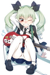Rule 34 | 10s, 1girl, anchovy (girls und panzer), arm behind head, arm support, cameltoe, cape, clenched teeth, drill hair, emblem, fallen down, girls und panzer, green hair, guitar, hair ribbon, instrument, kashu (furm0011), loafers, long hair, looking down, miniskirt, necktie, one eye closed, panties, panties under pantyhose, pantyhose, red eyes, ribbon, shoes, sitting, skirt, solo, tears, teeth, twin drills, twintails, underwear, white pantyhose, wince