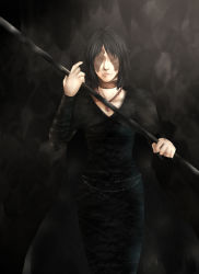 Rule 34 | 1girl, black hair, cape, choker, demon&#039;s souls, dress, female focus, from software, highres, jewelry, long hair, maiden in black, necklace, solo, staff, uix