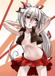 Rule 34 | 1girl, armpits, arms behind head, bow, female focus, fenne, flat chest, fujiwara no mokou, hair bow, highres, long hair, navel, no bra, no panties, open clothes, open shirt, phenne, ponytail, red eyes, shirt, silver hair, skinny, skirt, solo, touhou, vest