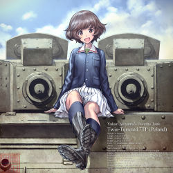 Rule 34 | 1girl, 7tp, :d, absurdres, akiyama yukari, arm support, black footwear, black socks, blue jacket, blue sky, boots, brown eyes, brown hair, character name, cloud, cloudy sky, commentary request, crossed legs, day, english text, girls und panzer, green shirt, head tilt, highres, jacket, legs up, long sleeves, looking at viewer, messy hair, military, military uniform, military vehicle, miniskirt, motor vehicle, ooarai military uniform, open mouth, outdoors, piroishi, pleated skirt, shadow, shirt, short hair, skirt, sky, smile, socks, solo, tank, uniform, white skirt, zipper