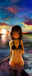 1girl absurdres accel_world antenna_hair bare_shoulders bikini black_bikini black_hair blush bottomless breasts cloud collarbone commentary_request front-tie_top highres horizon kuroyukihime long_hair mikazuki_akira! navel ocean orange_eyes partially_submerged photoshop_(medium) pussy sidelocks sky small_breasts solo string_bikini swimsuit untying very_long_hair wading water wet