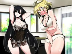 Rule 34 | 2girls, alternate breast size, armpits, arms up, black hair, black panties, blonde hair, blush, bra, breasts, camisole, cleavage, covering privates, covering crotch, embarrassed, fang, houraisan kaguya, izuna nie, large breasts, lingerie, long hair, looking at viewer, multicolored hair, multiple girls, navel, negligee, open mouth, panties, red eyes, short hair, side-tie panties, smile, toramaru shou, touhou, two-tone hair, underwear, underwear only, yellow eyes