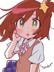 Rule 34 | 1girl, blush, bright pupils, brown hair, checkered clothes, checkered skirt, green eyes, hair ornament, looking at viewer, luluco, mago, pleated skirt, school uniform, side ponytail, simple background, sketch, skirt, solo, star (symbol), star hair ornament, uchuu patrol luluco, upper body, white background, white pupils