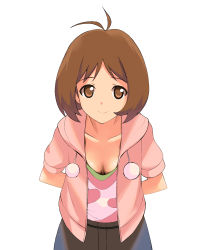 Rule 34 | 00s, 1girl, a1 (initial-g), breasts, brown eyes, brown hair, cleavage, downblouse, hidaka ai, highres, idolmaster, idolmaster dearly stars, leaning forward, non-web source, short hair, solo, tan, tanline