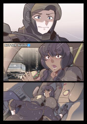 Rule 34 | 1boy, 1girl, 3koma, between breasts, black hair, blood, blue eyes, breasts, broken finger, brown eyes, burger, butter sugoi, car interior, clenched teeth, comic, commentary, crying, cuts, dark-skinned female, dark skin, emphasis lines, english commentary, face between breasts, face to breasts, food, head between breasts, helmet, highres, holding, holding food, injury, large breasts, original, sidelocks, silent comic, sleeves rolled up, streaming tears, tears, teeth, unlikely accident, wavy mouth