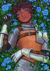 Rule 34 | 1boy, armor, blue background, blue eyes, blue flower, blue pupils, bright pupils, brown hair, closed mouth, commentary, dark-skinned male, dark skin, dungeon meshi, english commentary, flower, gauntlets, hand up, highres, kabru, lindriart, long sleeves, looking at viewer, lying, male focus, on back, pauldrons, short hair, shoulder armor, signature, single pauldron, smile, upper body, very short hair