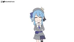 Rule 34 | 1girl, animated, axe, beret, blue hair, bow, cake, congratulations, food, gloves, grey background, grey hat, hair between eyes, hat, hololive, hoshimachi suisei, long hair, looking at viewer, plaid headwear, ribbon, roamingtuna, shaded face, shirt, side ponytail, solo, video, virtual youtuber