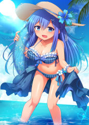 Rule 34 | 1girl, :d, bent over, bikini, blue eyes, blue hair, blue sky, blush, breasts, cleavage, cloud, cloudy sky, collarbone, commentary request, day, hat, highres, horizonhairpin, innertube, large breasts, long hair, looking at viewer, navel, ocean, open mouth, original, plaid, plaid bikini, shallow water, sky, smile, snow (gi66gotyo), solo, standing, sun hat, swim ring, swimsuit, water
